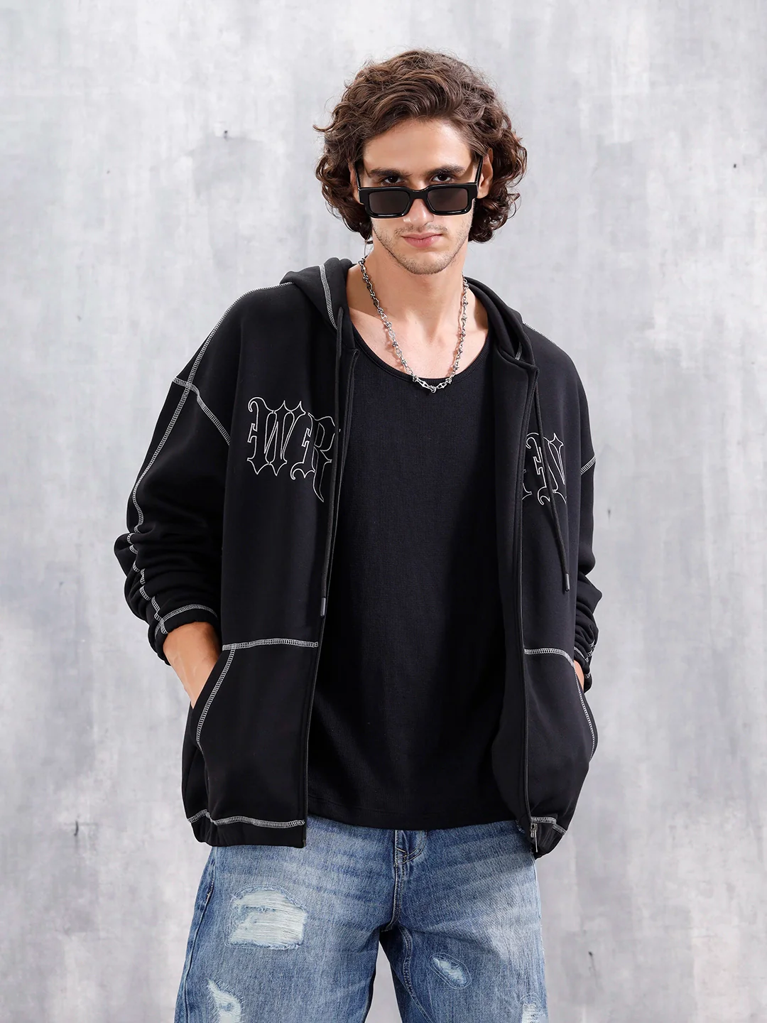 Oversized Fit Zip-Through Hoodie With Contrast Stitch | Black - Image 3