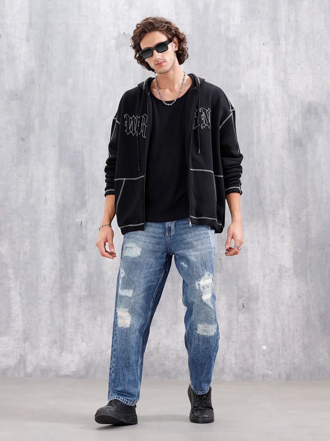 Oversized Fit Zip-Through Hoodie With Contrast Stitch | Black - Image 4