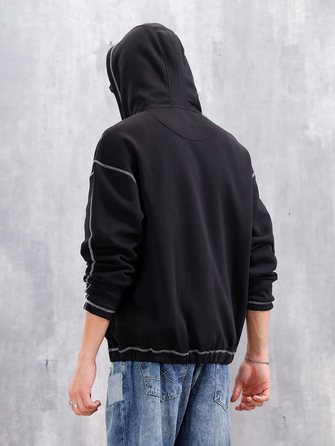 Oversized Fit Zip-Through Hoodie With Contrast Stitch | Black - Image 5