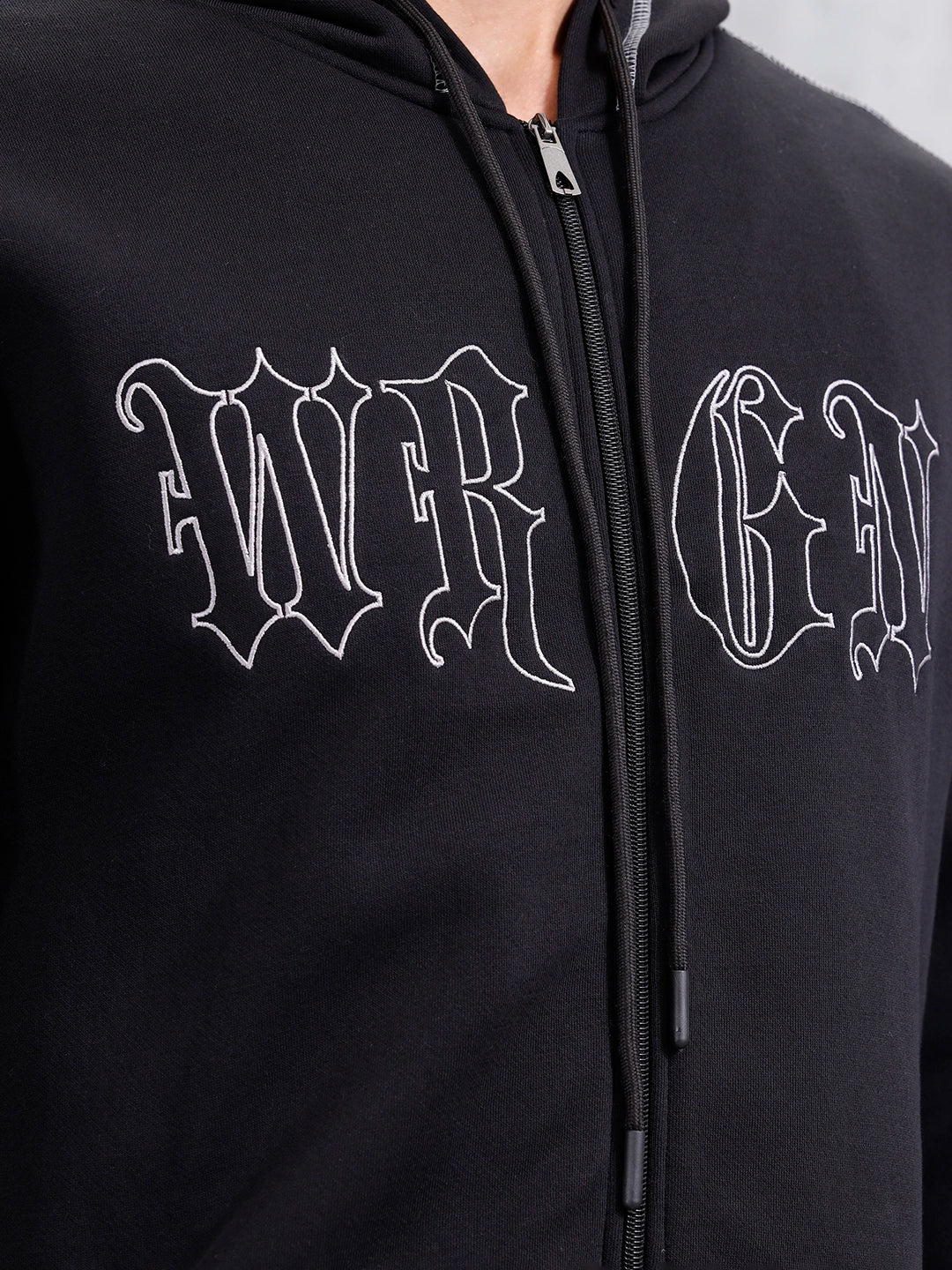 Oversized Fit Zip-Through Hoodie With Contrast Stitch | Black - Image 7