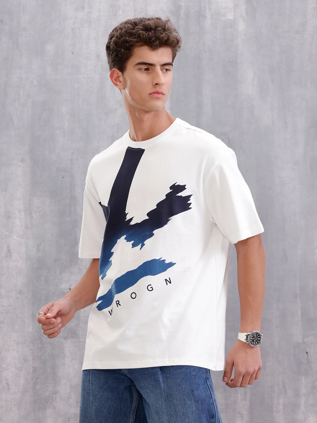 Oversized Graphic T-Shirt By Wrogn – Statement Placement Print | White - Image 4