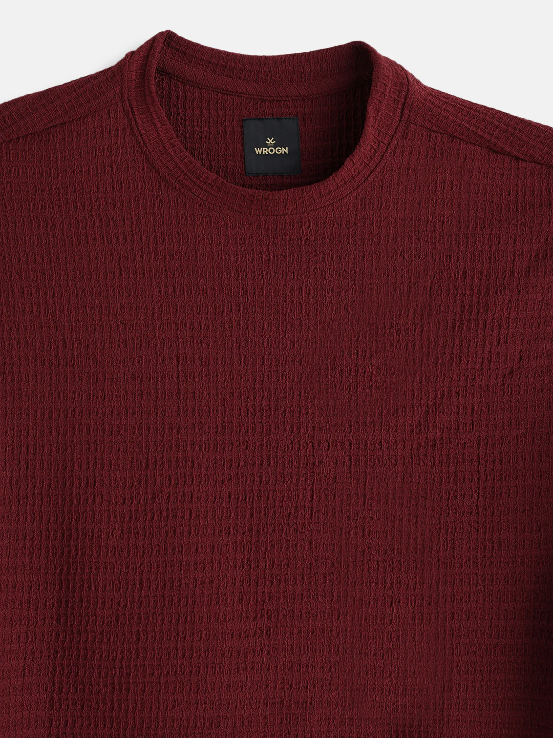 Oversized Jacquard Textured Crew Neck T-Shirt   | Maroon - Image 3
