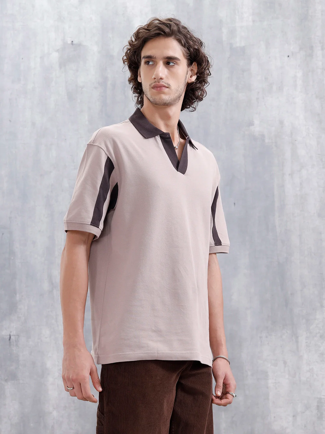Oversized Johnny Collar Sporty Polo T-Shirt | Brown - Image 4