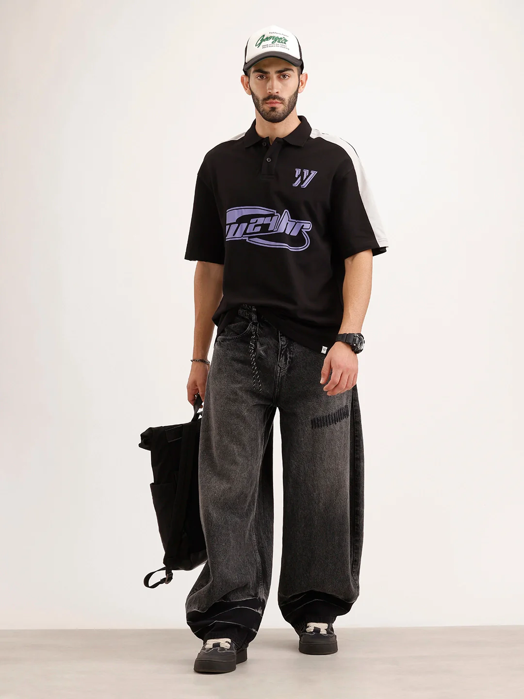 Oversized Placement Printed Polo T-Shirt | Black - Image 2