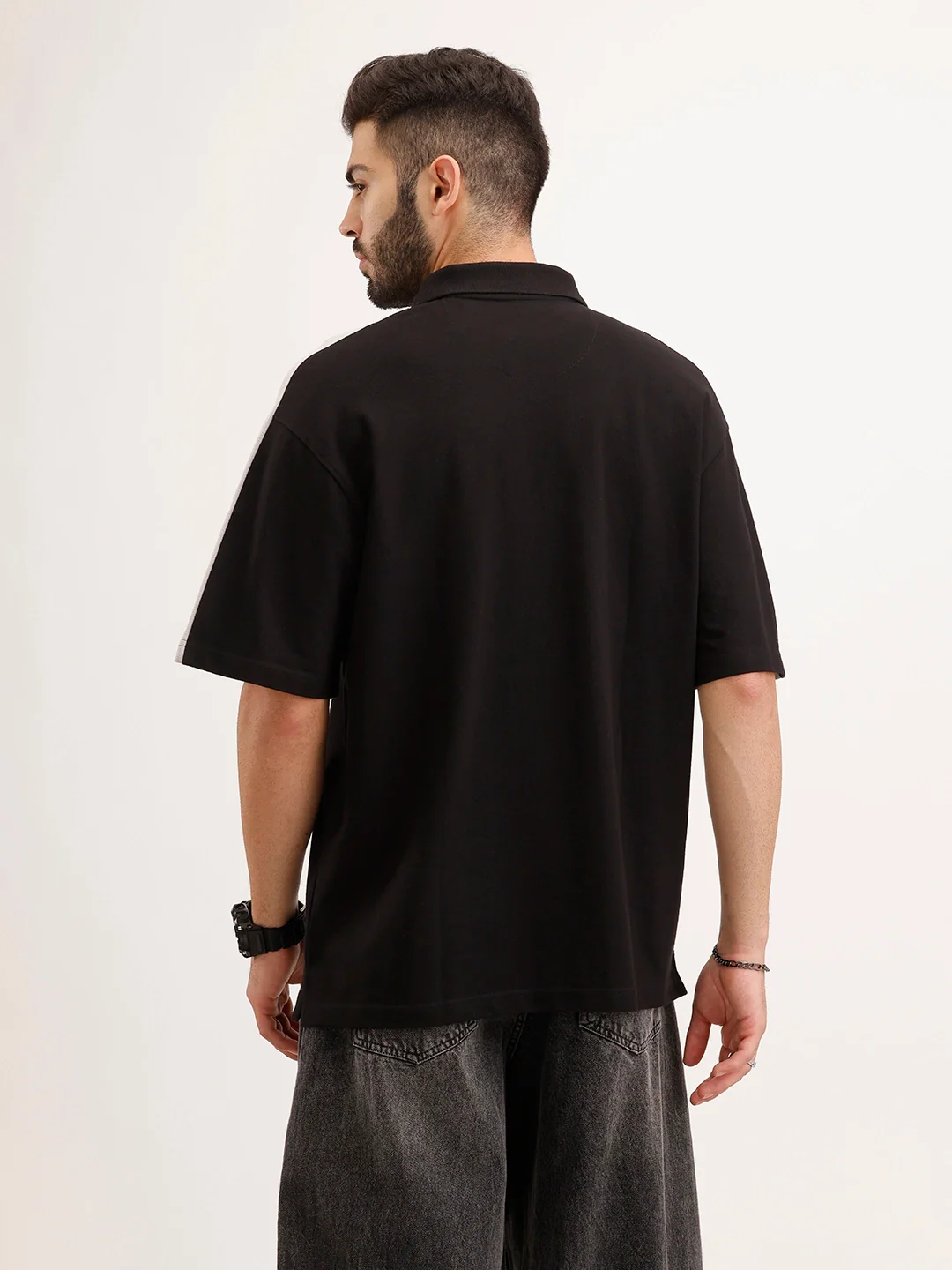 Oversized Placement Printed Polo T-Shirt | Black - Image 3