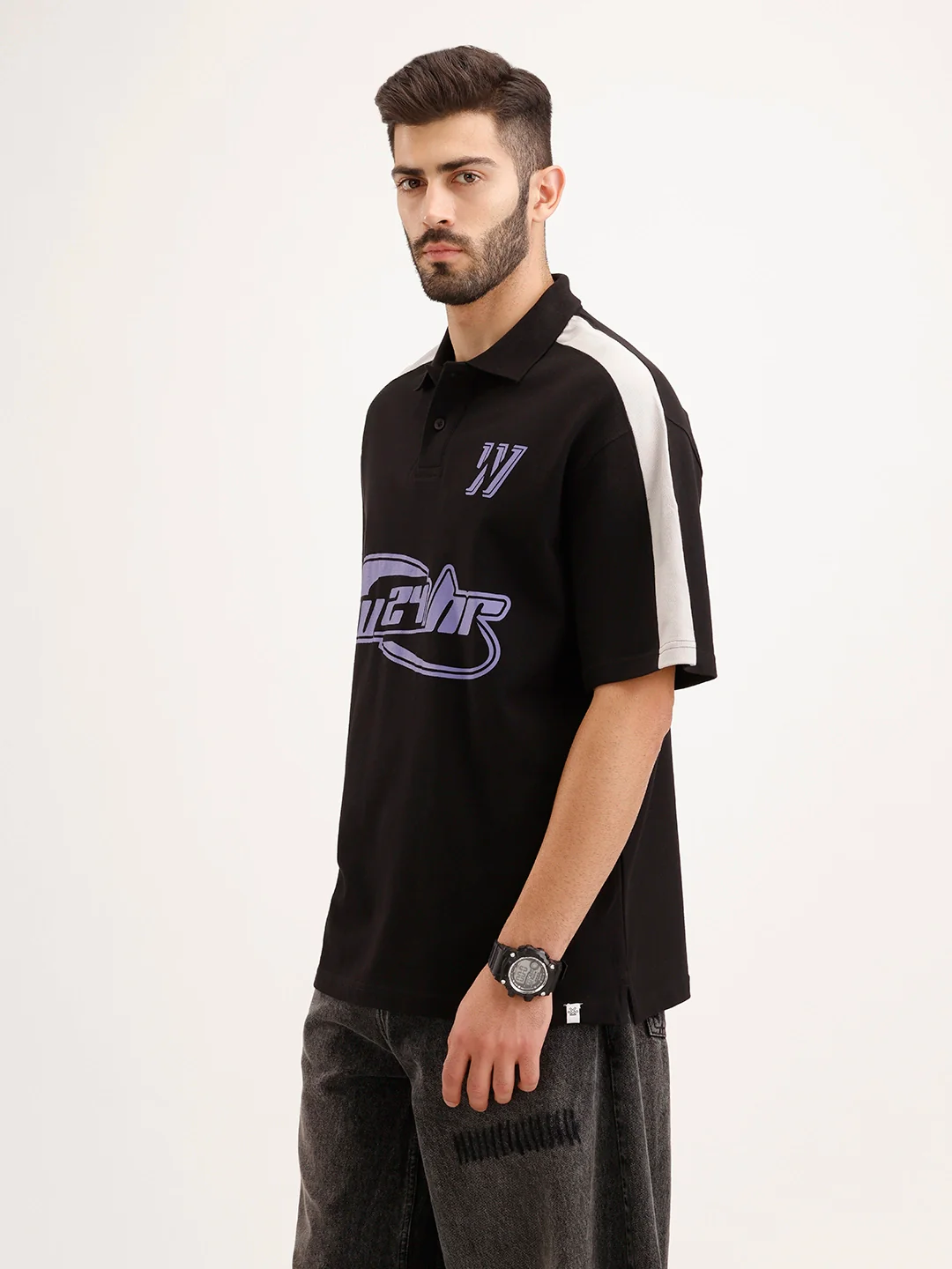 Oversized Placement Printed Polo T-Shirt | Black - Image 4