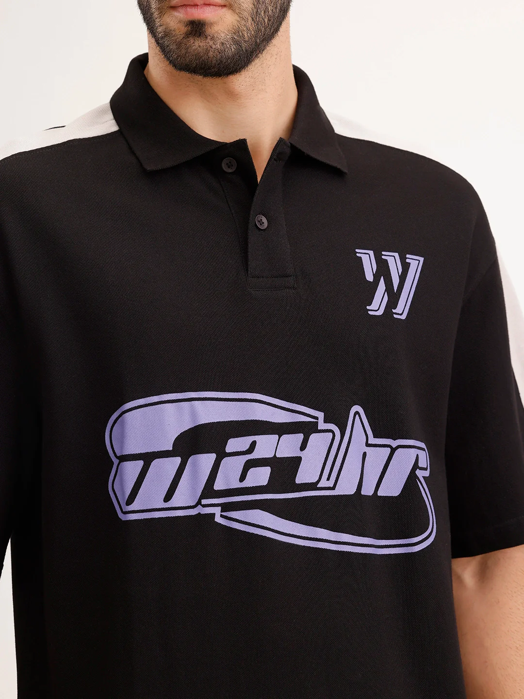 Oversized Placement Printed Polo T-Shirt | Black - Image 5