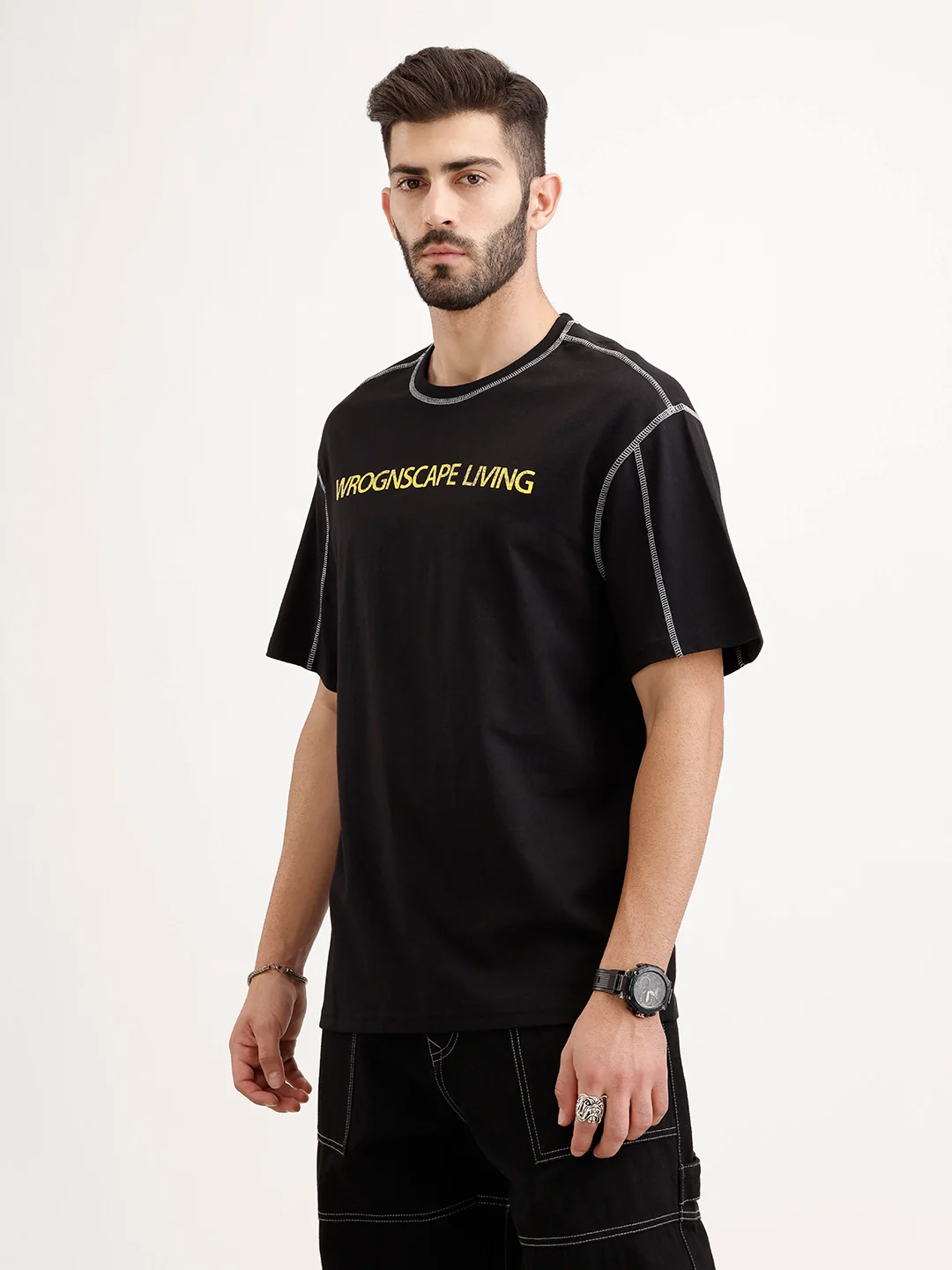 Oversized Placement Printed T-Shirt | Black - Image 4