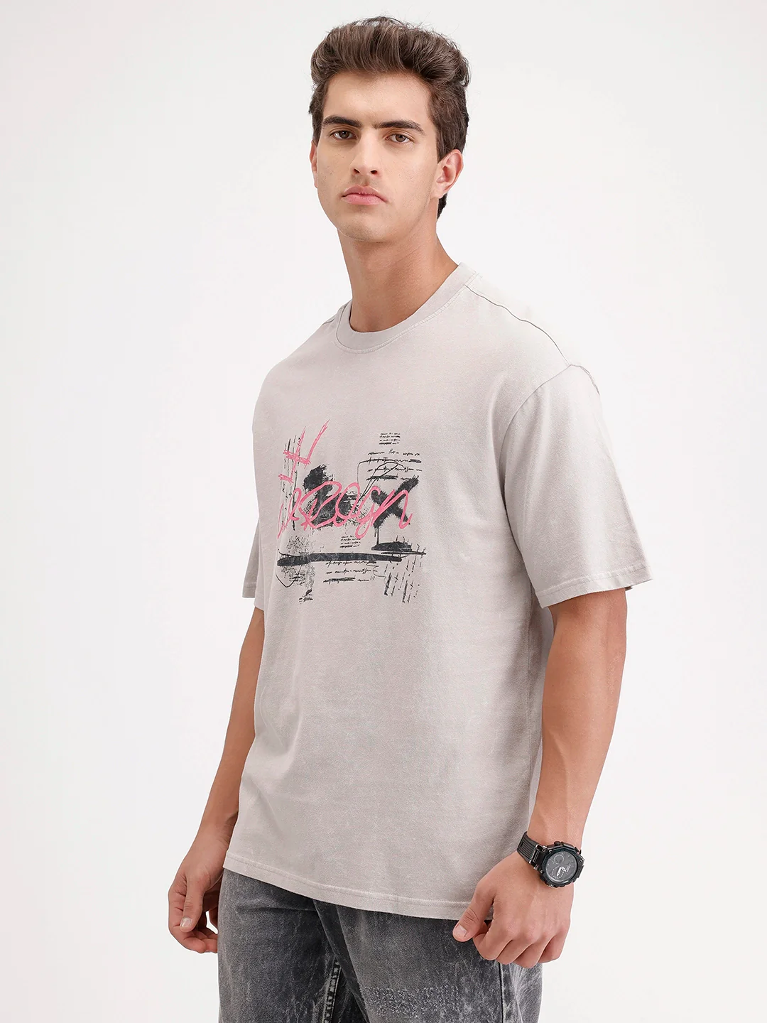 Oversized Placement Printed T-Shirt | Grey - Image 4