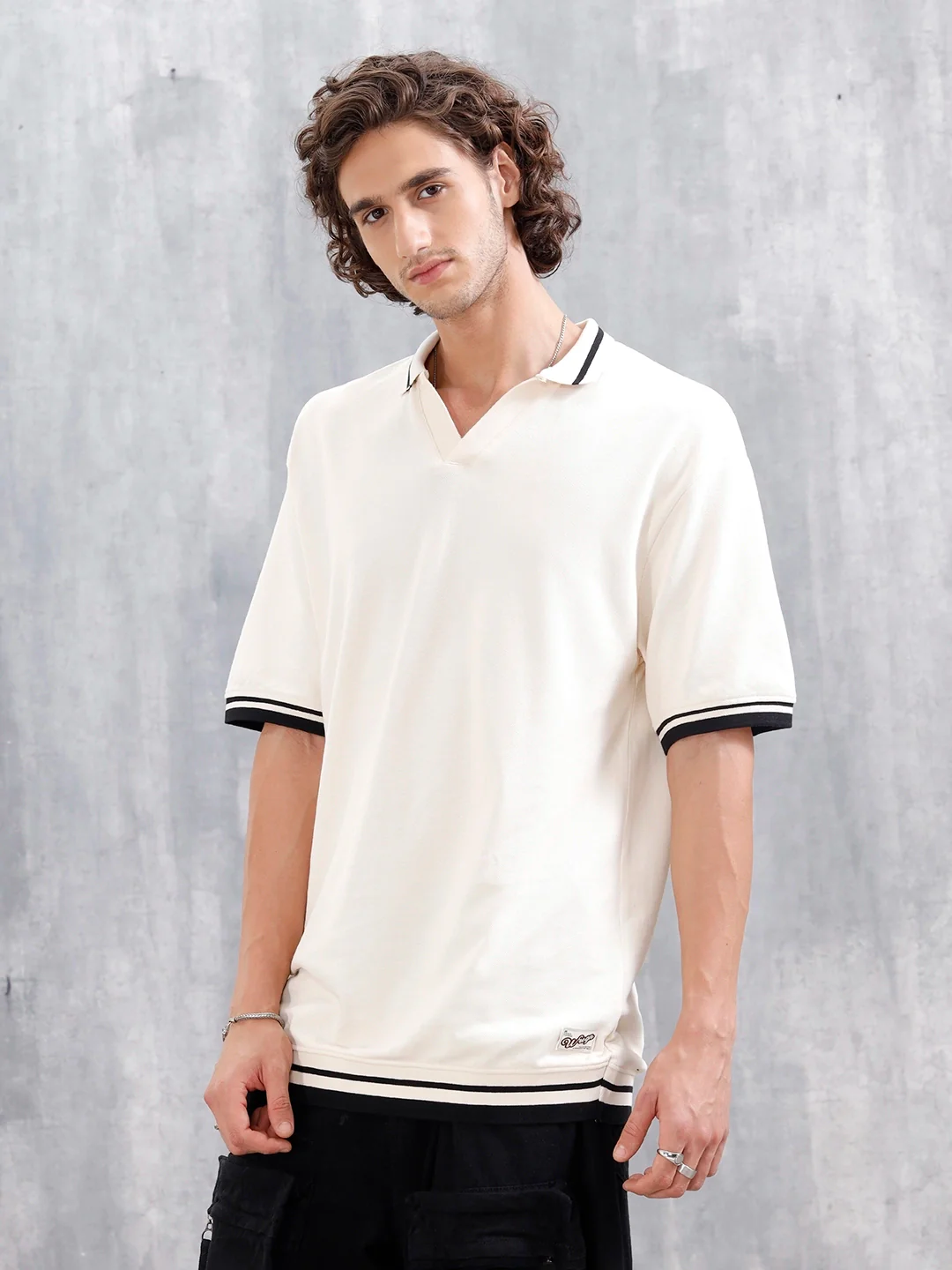 Oversized Polo T-Shirt With Contrast Trim Details | Beige - Image 4