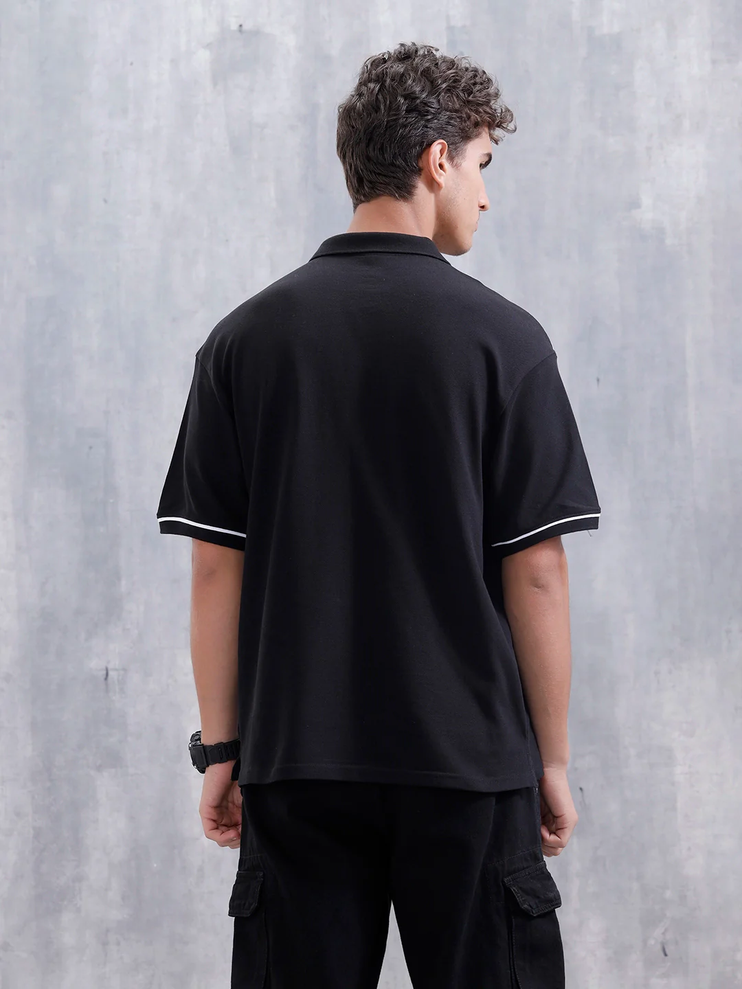 Oversized Polo T-Shirt With Contrast Trim Details | Black - Image 3