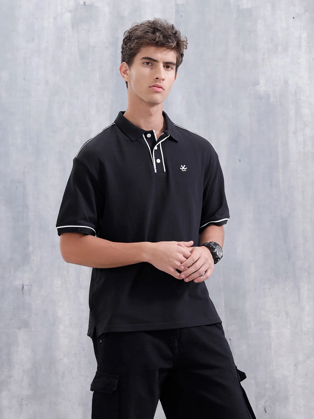 Oversized Polo T-Shirt With Contrast Trim Details | Black - Image 4