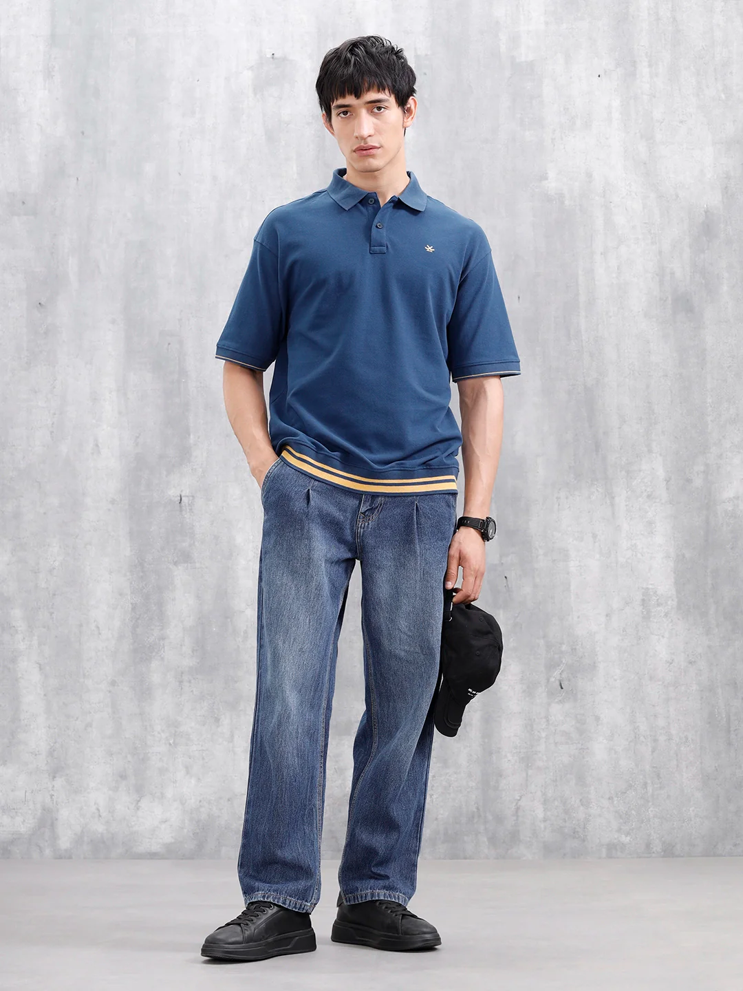 Oversized Polo T-Shirt With Contrast Trim Details | Dark Blue - Image 2