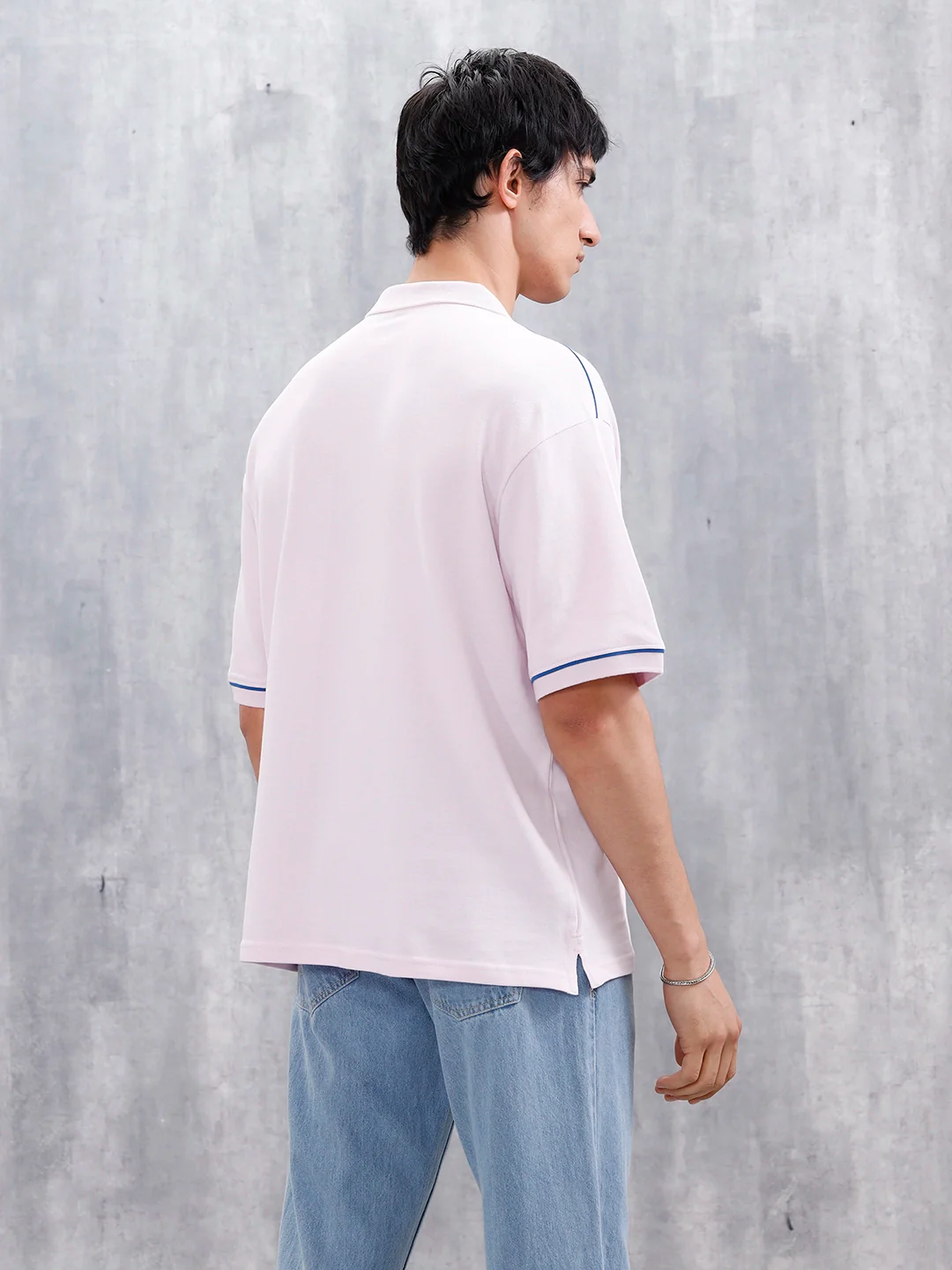 Oversized Polo T-Shirt With Contrast Trim Details | Pink - Image 3