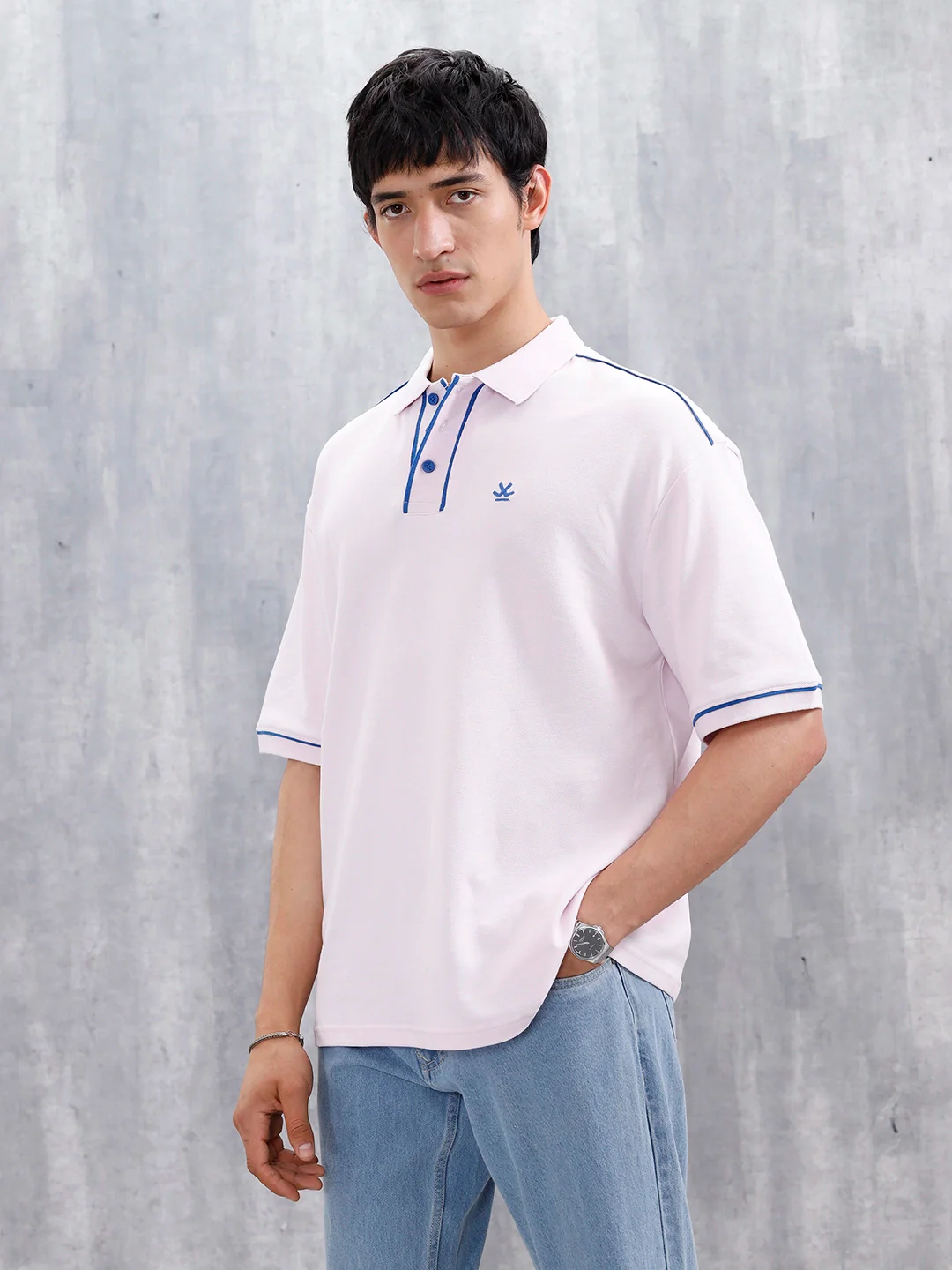Oversized Polo T-Shirt With Contrast Trim Details | Pink - Image 4