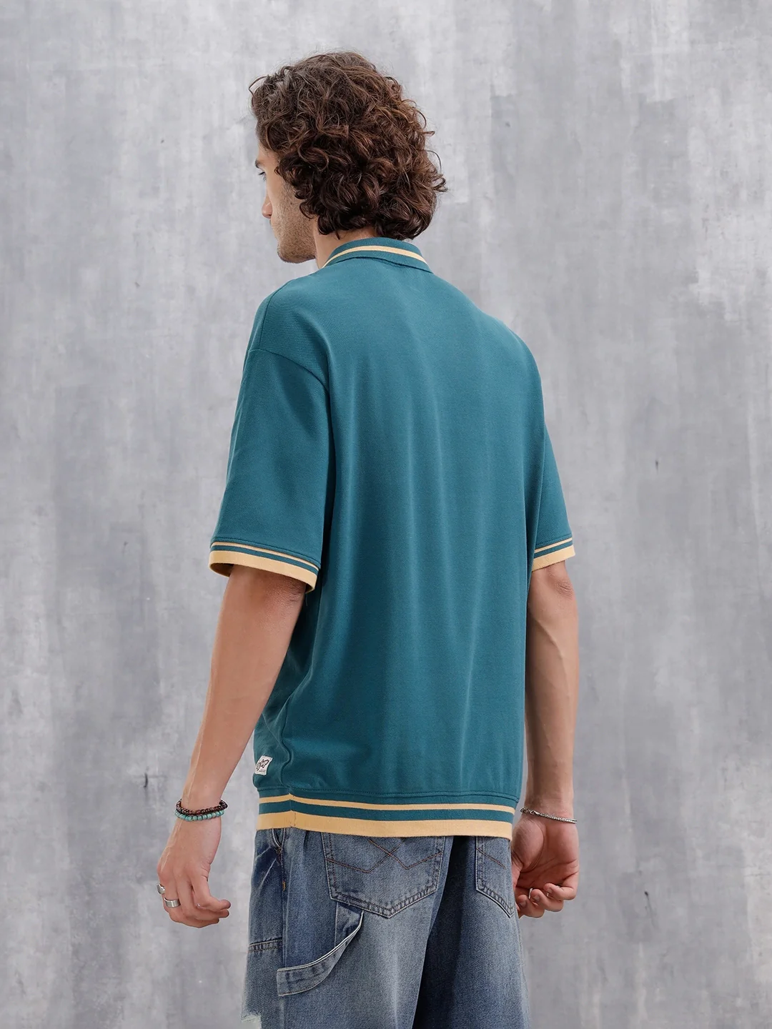 Oversized Polo T-Shirt With Contrast Trim Details | Teal - Image 3