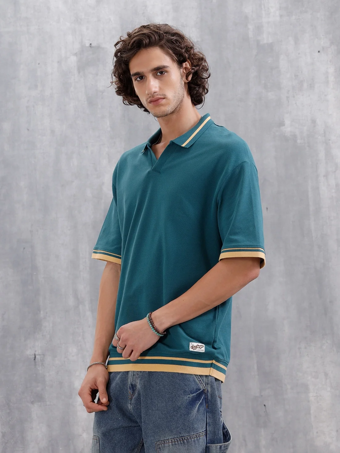 Oversized Polo T-Shirt With Contrast Trim Details | Teal - Image 4