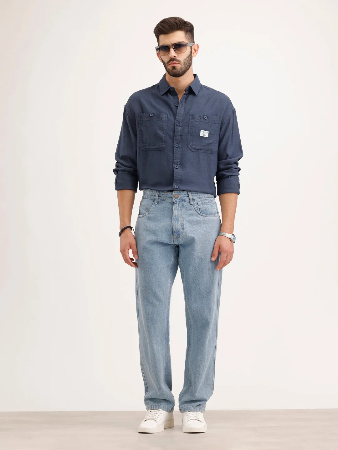 Oversized Solid Double Pocket Shirt | Blue - Image 2