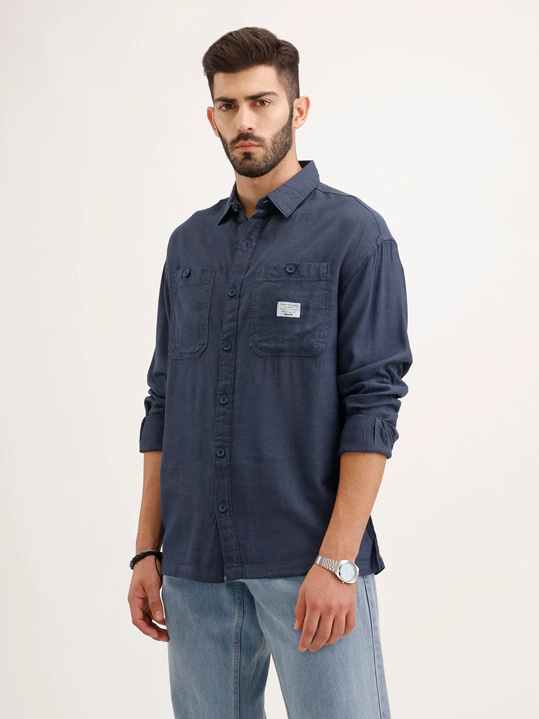 Oversized Solid Double Pocket Shirt | Blue - Image 4