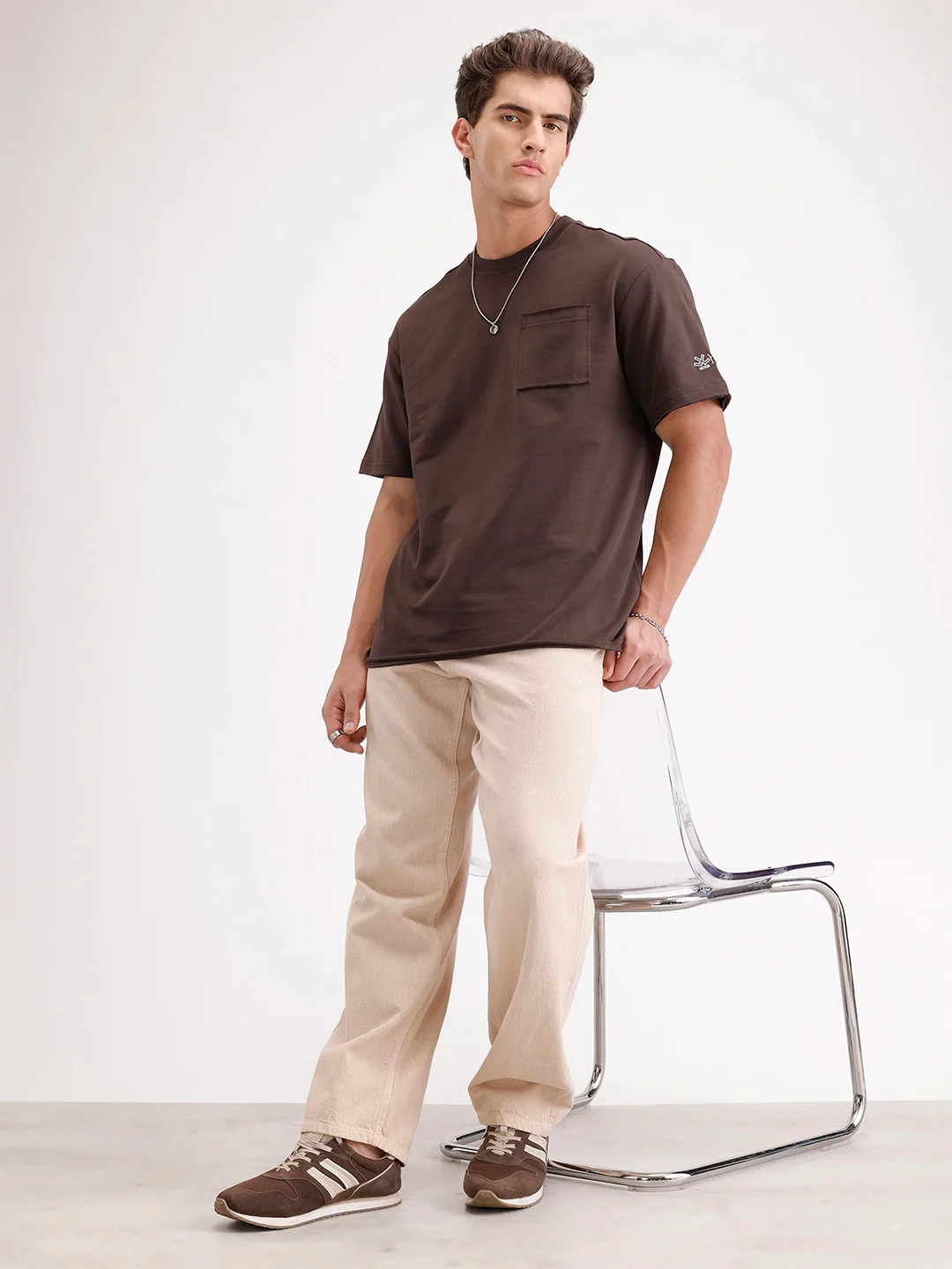 Oversized Solid Patch Pocket T-Shirt | Brown - Image 2