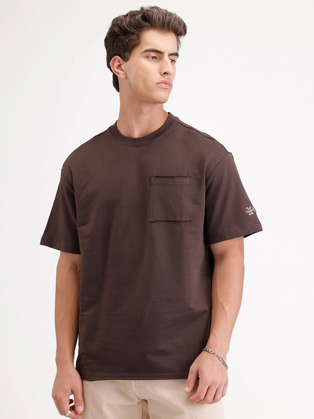 Oversized Solid Patch Pocket T-Shirt | Brown - Image 7