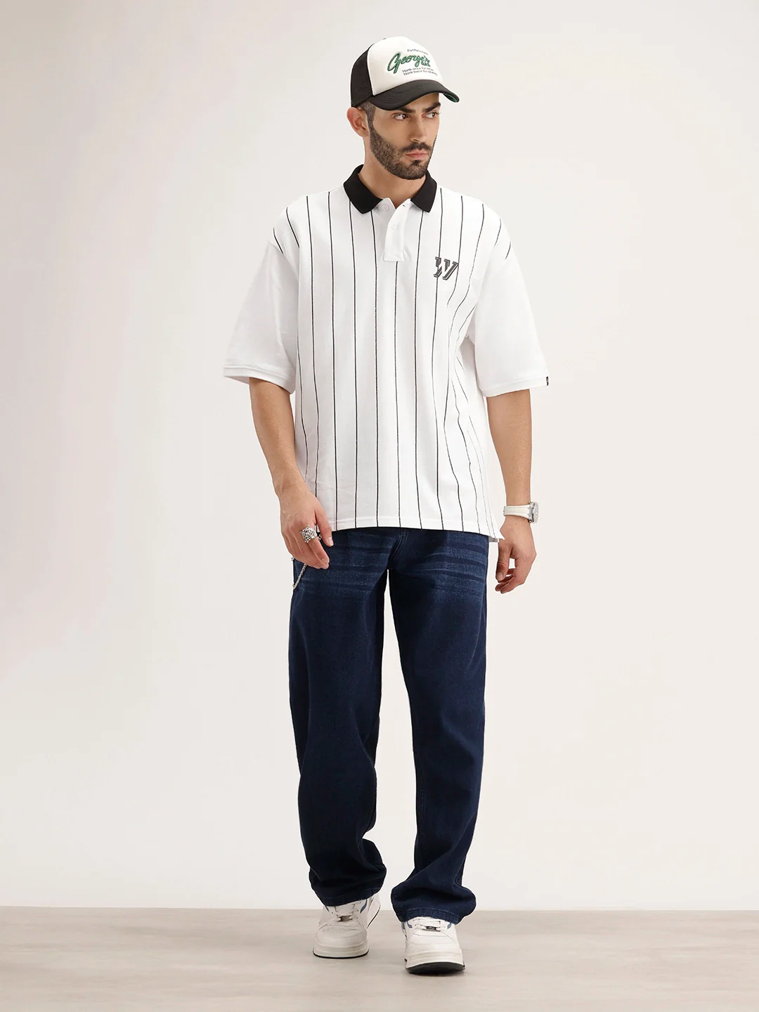 Oversized Striped Polo T-Shirt | White - Image 2