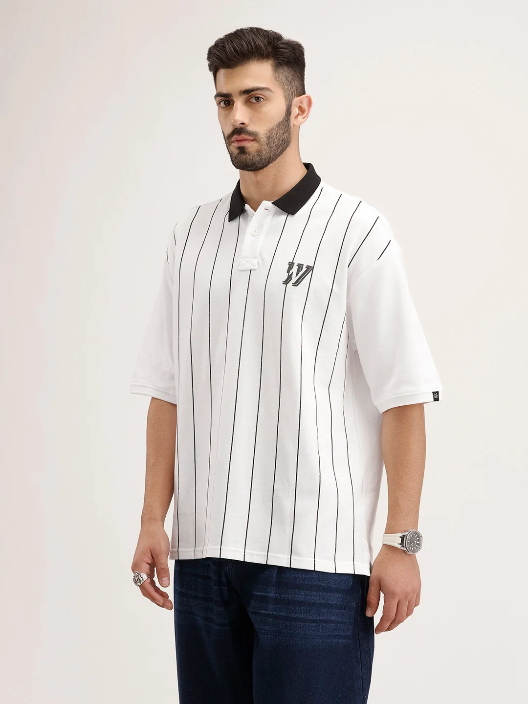 Oversized Striped Polo T-Shirt | White - Image 4