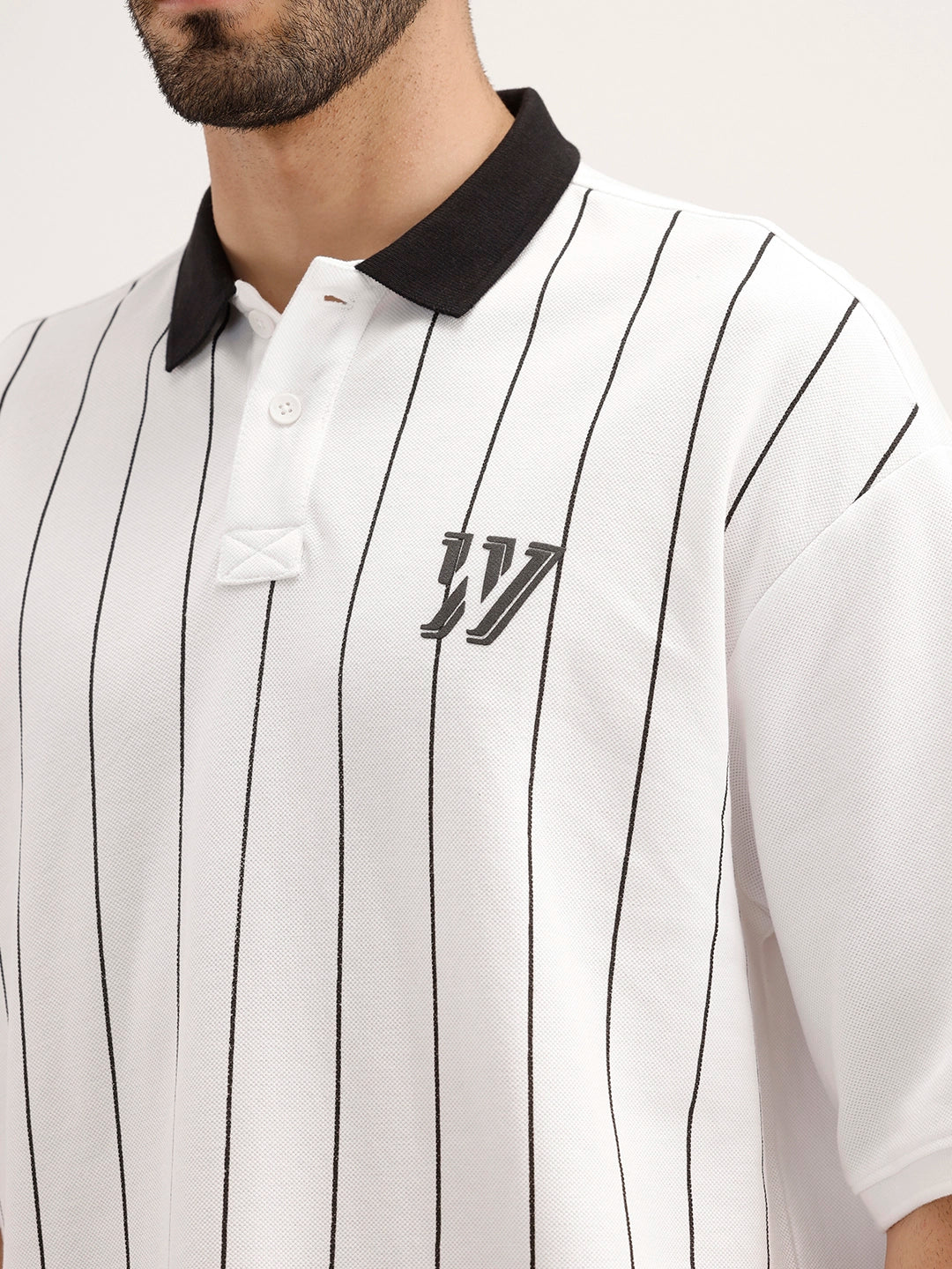 Oversized Striped Polo T-Shirt | White - Image 5
