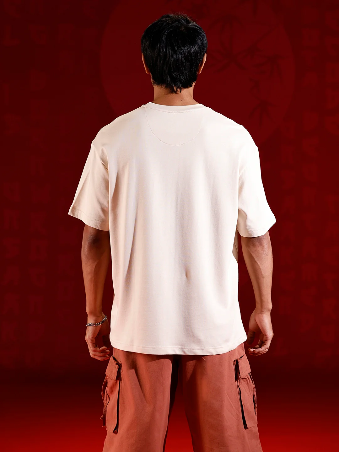 Oversized T-shirt with Samurai Graphic Print | Beige - Image 3