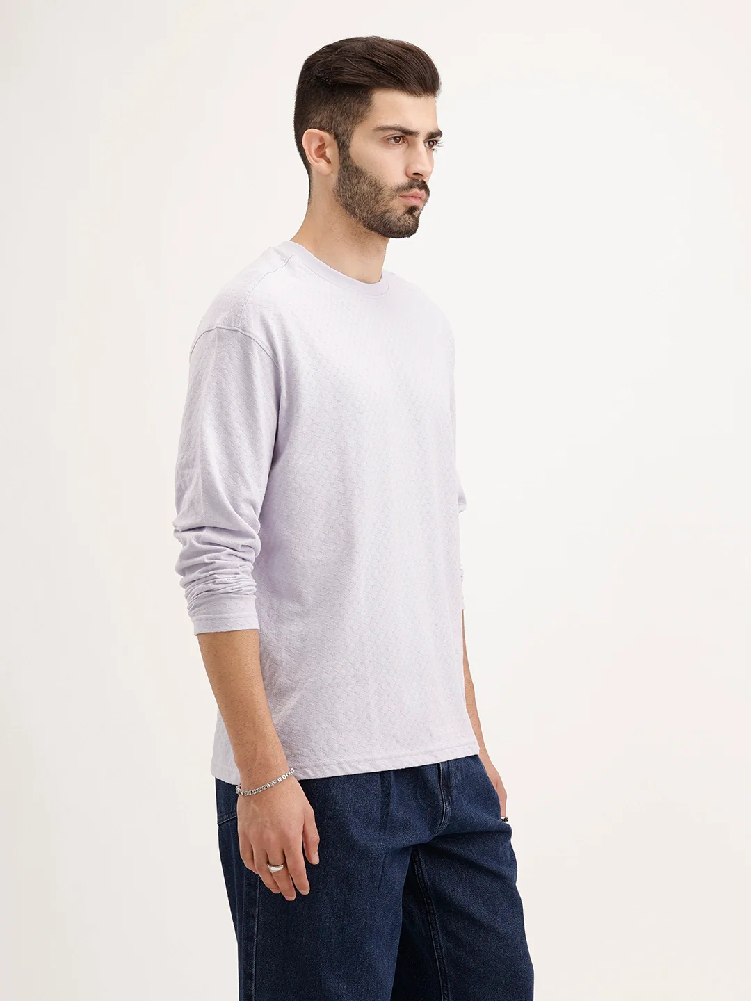 Oversized Textured Full Sleeve T-Shirt | Purple - Image 4