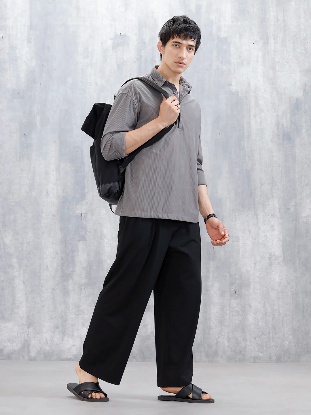 Oversized Textured Polo T-Shirt For Men's | Grey - Image 2
