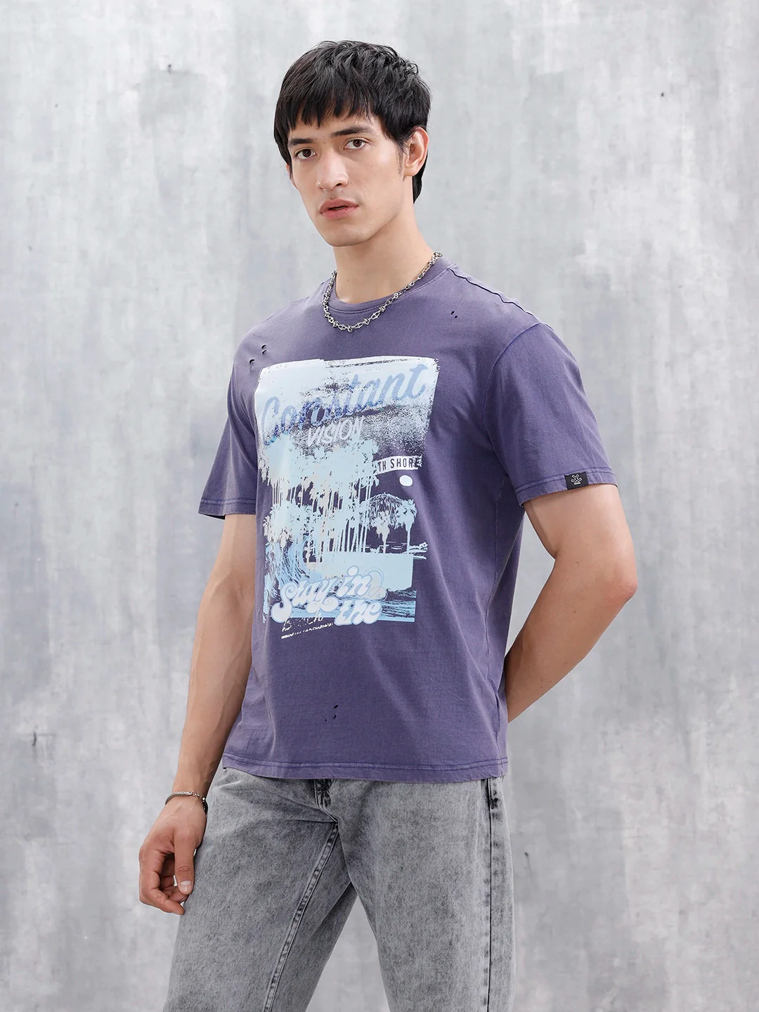 Oversized Washed Distressed Graphic T-Shirt  | Navy Blue - Image 4