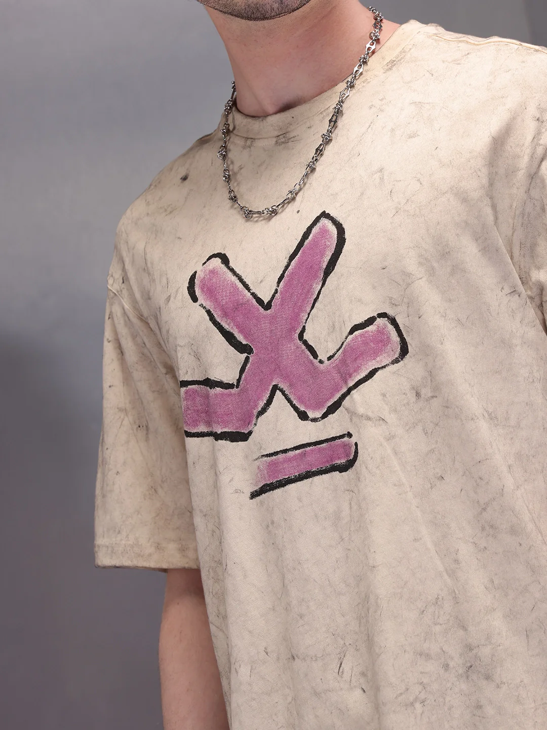 Oversized Washed Look Tee With Iconic Brand Placement Print| Beige - Image 5