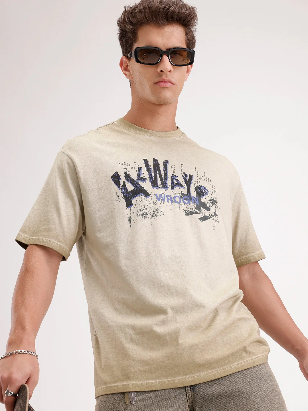 Oversized Washed Placement Printed T-Shirt | Khaki - Image 3