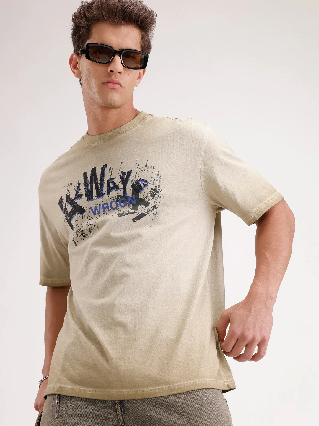 Oversized Washed Placement Printed T-Shirt | Khaki - Image 8