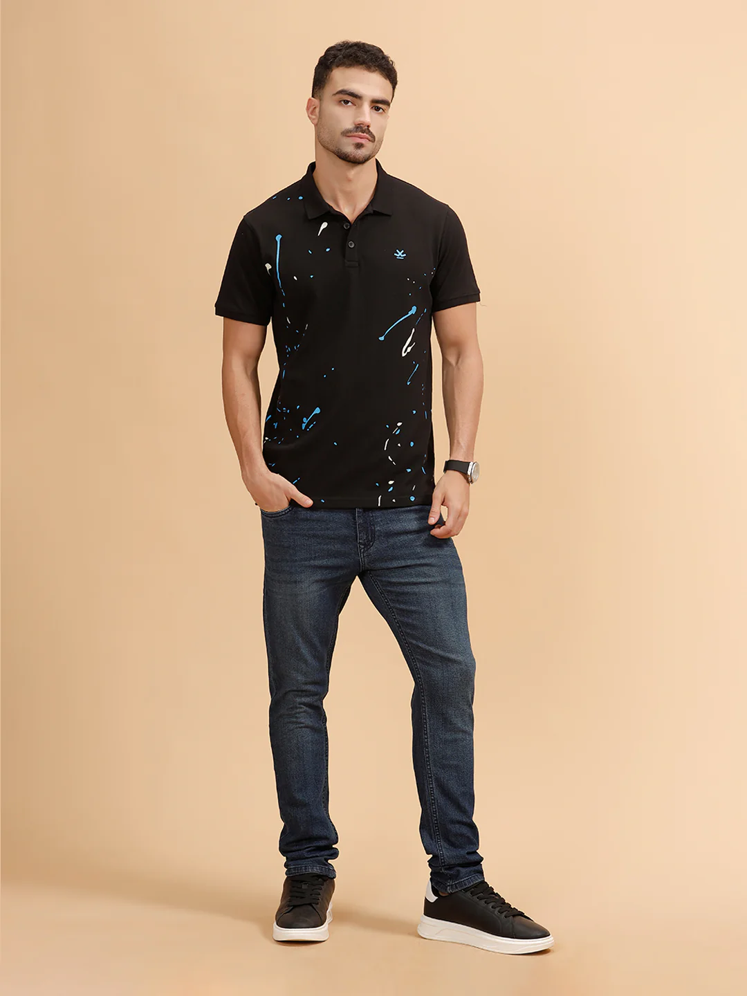 Paint Splatter Printed Polo T-Shirt | Black - Image 2