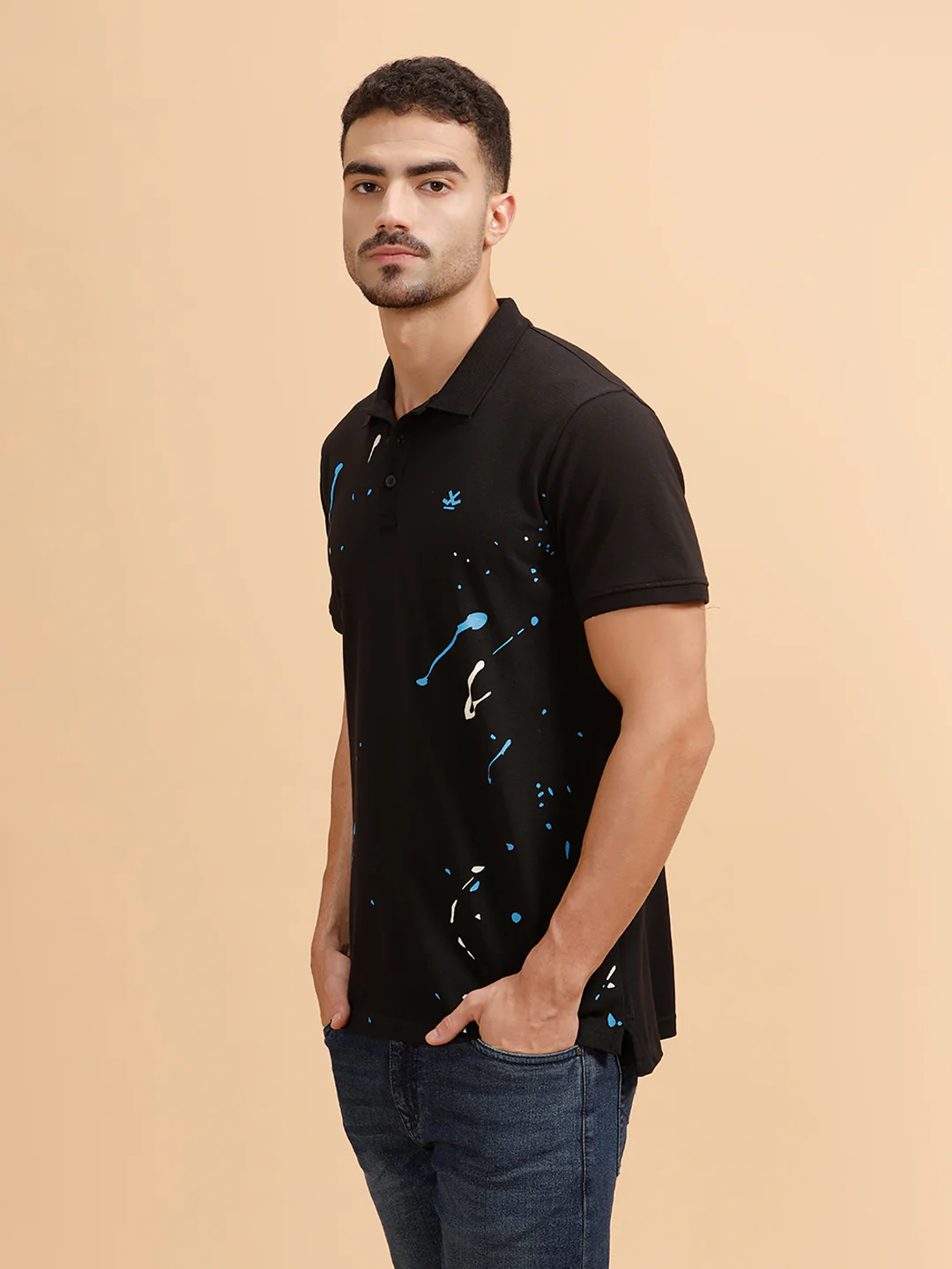 Paint Splatter Printed Polo T-Shirt | Black - Image 4