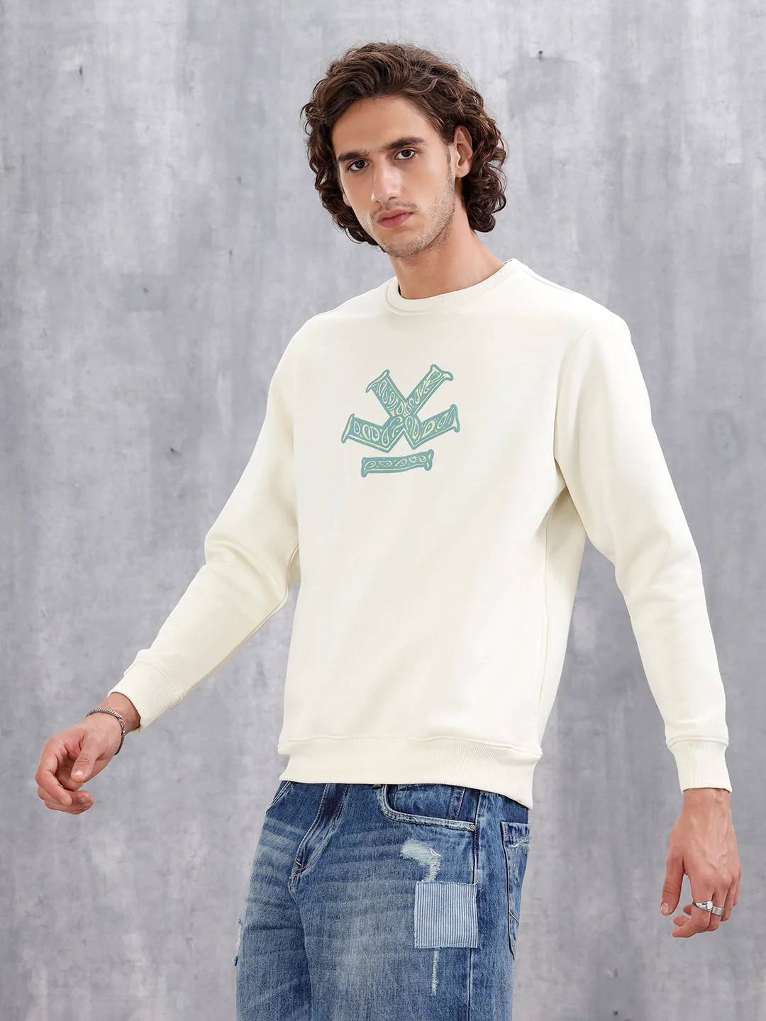 Paisley Inspired Puff Print Brushed Fleece Comfort Fit Sweatshirt | Yellow - Image 4