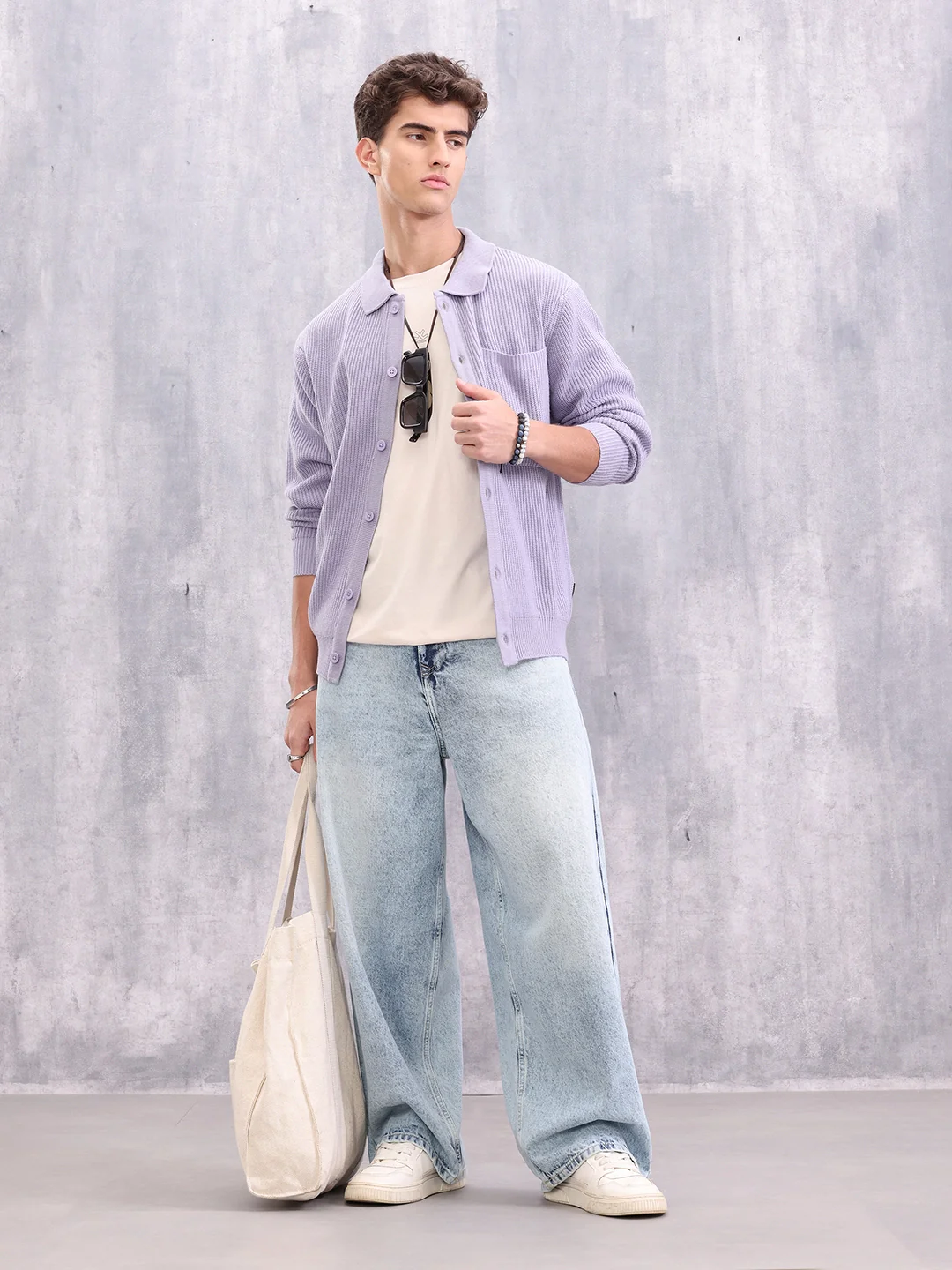 Pastel Layered Casual Knitted Cardigan For Men | Lavender - Image 2