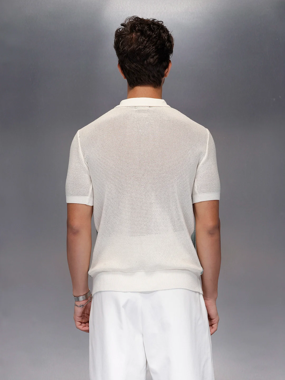 Pastel Stripe Textured Knit Polo | Off White - Image 3
