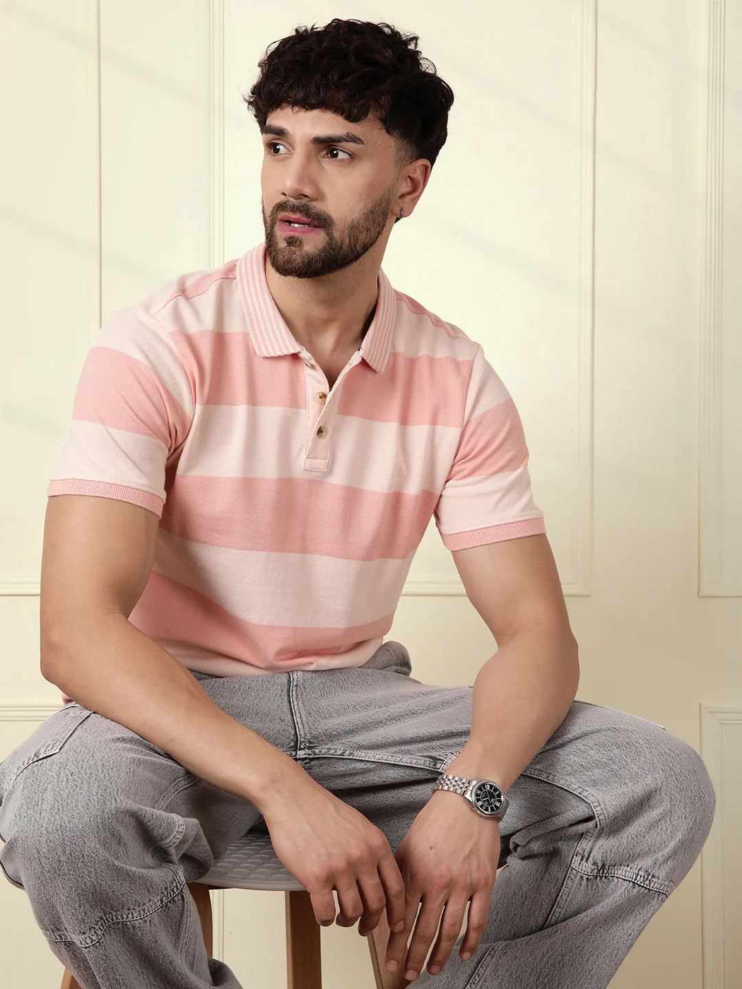 Casual Tonal Striped Polo T-Shirt | Peach - Image 2