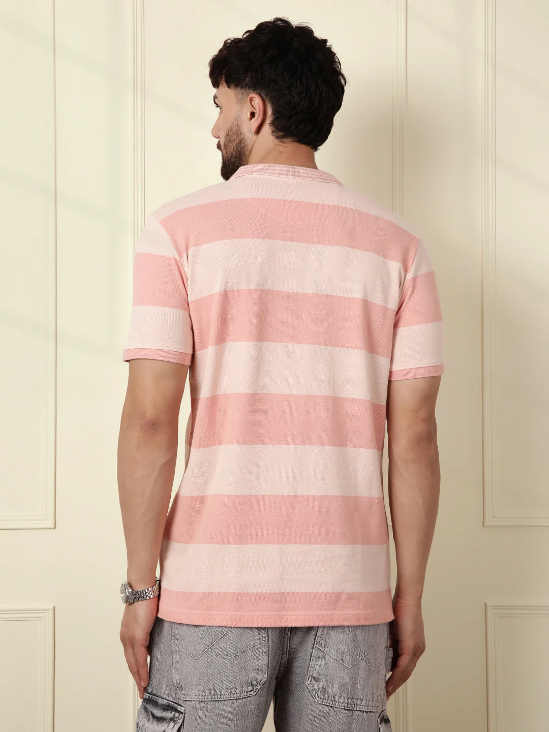 Casual Tonal Striped Polo T-Shirt | Peach - Image 4
