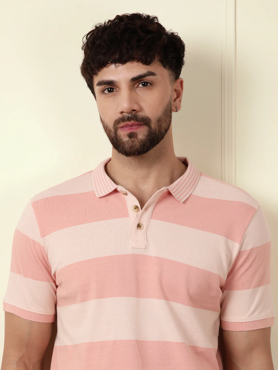 Casual Tonal Striped Polo T-Shirt | Peach - Image 6