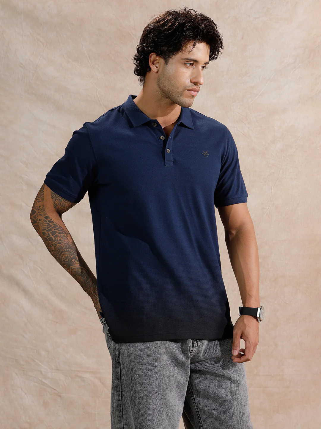 Pixel Ombre Slim Fit Polo T-Shirt  | Navy Blue - Image 4
