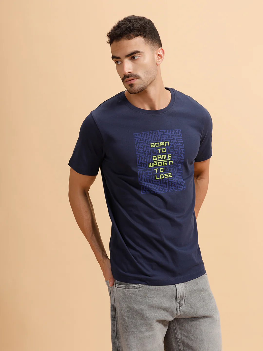 Placement Print Slim Fit T-Shirt  | Navy Blue - Image 4
