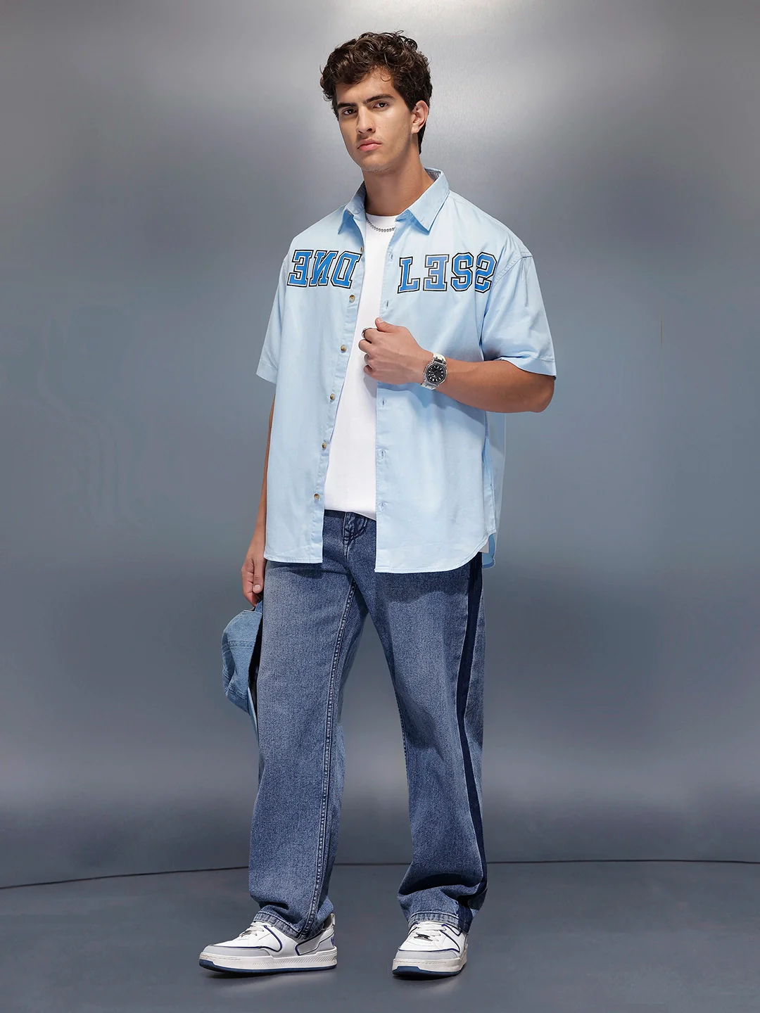 Placement Printed Oversized Shirt   |  Blue - Image 2