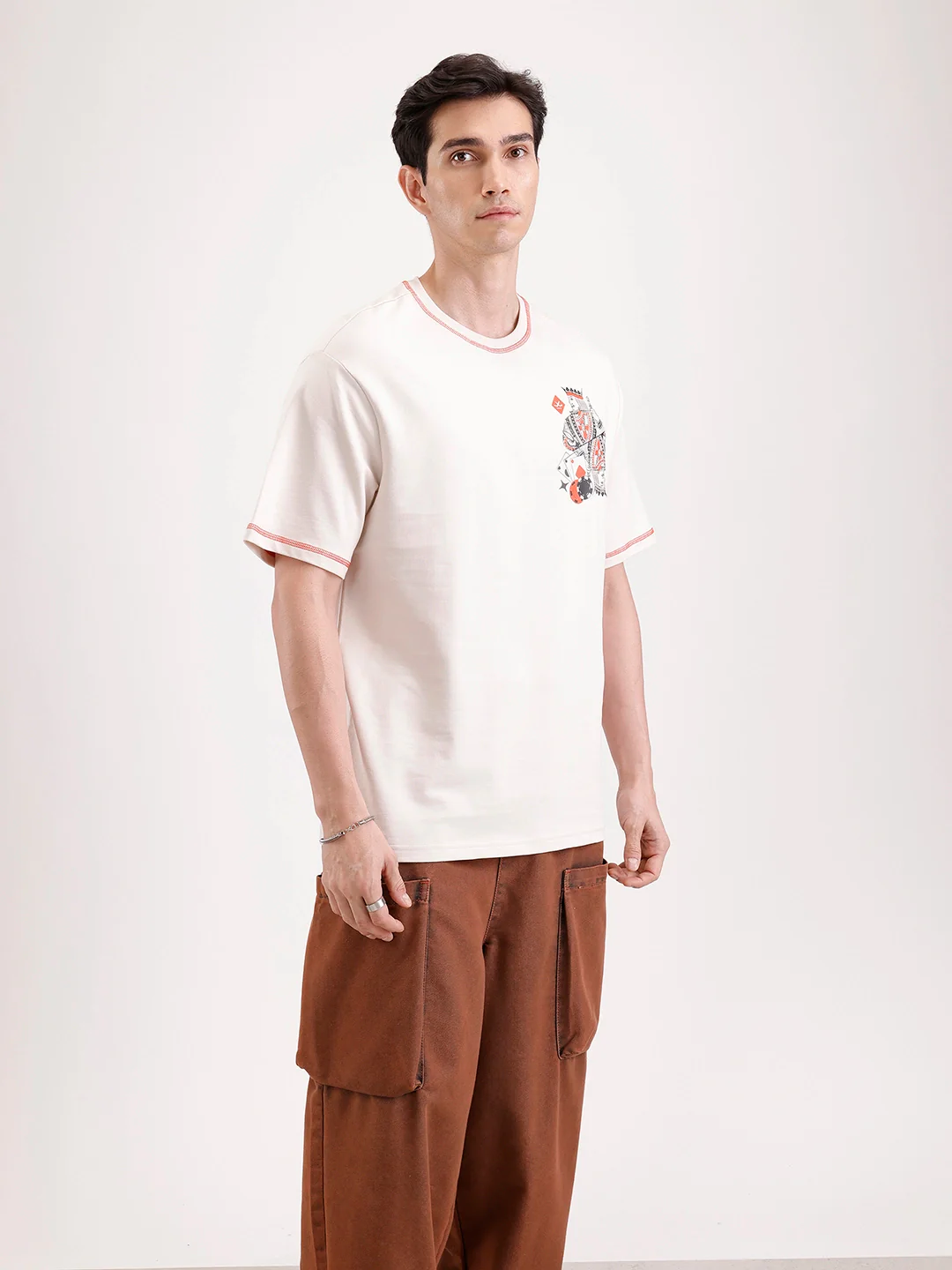 Placement Printed Oversized T-Shirt   |  Beige - Image 4