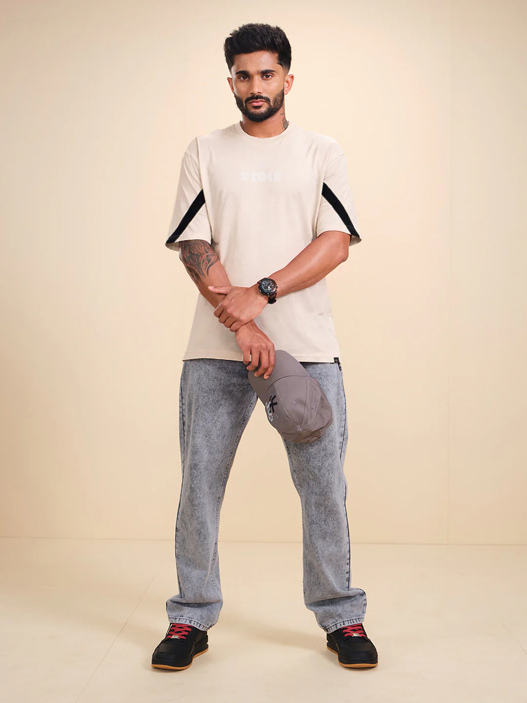 Placement Printed Oversized T-Shirt | Beige - Image 2