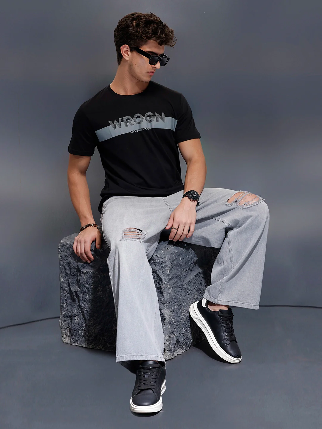 Placement Printed Regular Fit T-Shirt   |  Black - Image 2