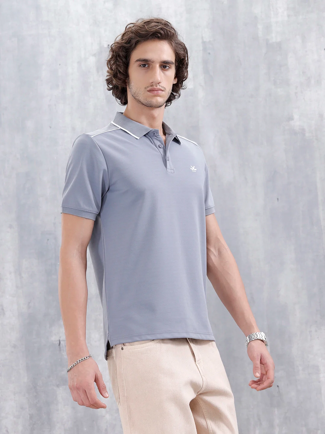Polo T-Shirt With Contrast Trim Details | Grey - Image 4